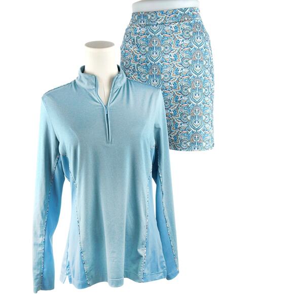Peter Millar Set Performance Alice Hem Golf Skort 1/4 Zip Shirt Blue Floral - Picture 1 of 11